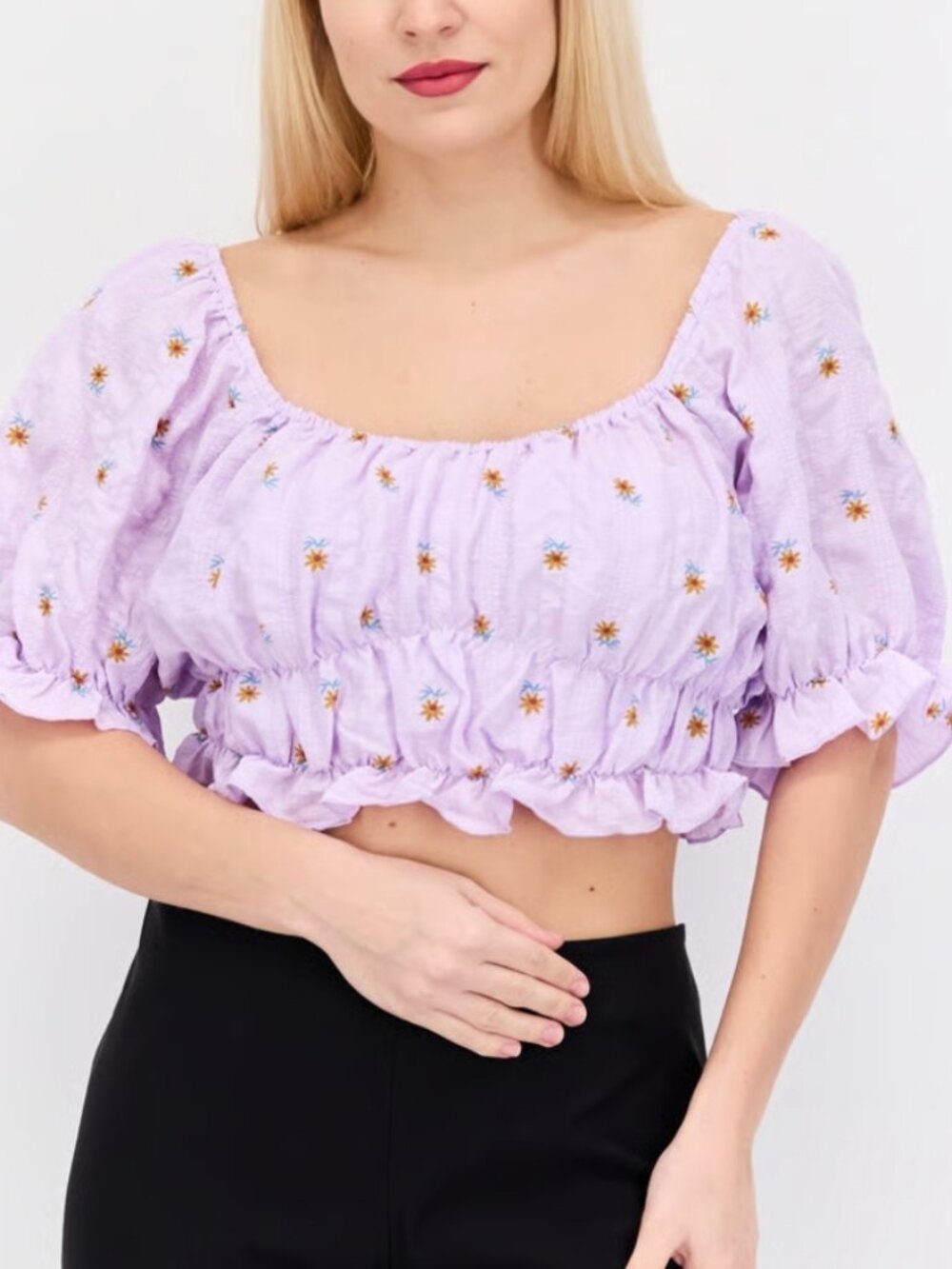 Purple Floral Cropped Womens Top XL (14) Urban Threads Daisies Sunflowers